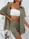 Women Solid Short Sleeve Shirt and Shorts Two-Piece Set