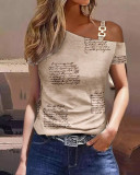 Women summer simple short-sleeved metal button printed T-shirt