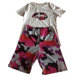 Women Casual Summer Camouflage Lip Print Two-Piece Set