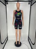 Women Summer Casual Print Tank Top And Shorts Two-Piece Set