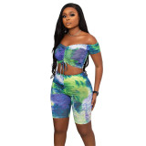 Women Off Shoulder Drawstring Print Top and Shorts Two-Piece Set