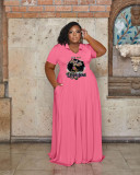 Plus Size Women Casual Turndown Collar Printed Short Sleeve Maxi Dress