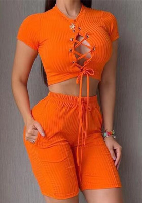 Women Lace-Up Top and Shorts Two-Piece Set