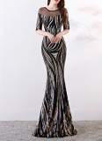 High end sequin stripe color matching slim fitting dinner party annual dress long woman