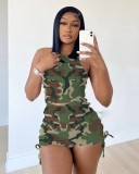 Fashion Women's Pleated Camo Print Tank Top Shorts Ribbed Two Piece Set