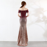 Short Sleeve Off Shoulder Dress See-Through L Gradient Beaded Dress Wedding Formal Party Party Dress