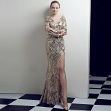 Long Deep V Long Sleeve Split Night Club Show Host Car Model Sequins Evening Dress