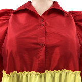 Patchwork Contrast Bubble Sleeve Swing Dress Plus Size Women's Dress
