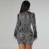 Fashion Sexy See-Through Beaded Tight Fitting Bodycon Long Sleeve Dress