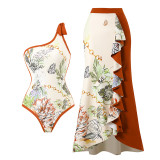 Women's Swimwear Elegant Print Patchwork Contrast Beach Sunscreen Skirt One Shoulder Two Piece Swimwear