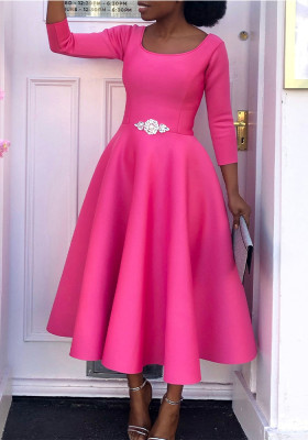 Women's Summer Solid Color Swing Dress Chic Evening Dress