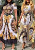 Plus Size Fashion Positioning Print Career High Waist Pleated Dress