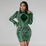 Fashion Sexy See-Through Beaded Tight Fitting Bodycon Long Sleeve Dress