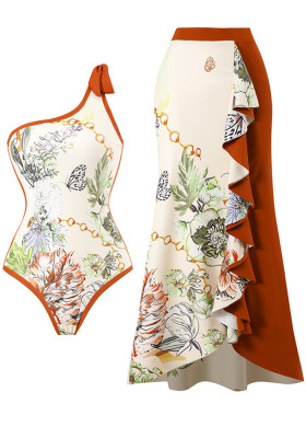 Women's Swimwear Elegant Print Patchwork Contrast Beach Sunscreen Skirt One Shoulder Two Piece Swimwear