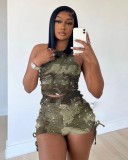 Fashion Women's Pleated Camo Print Tank Top Shorts Ribbed Two Piece Set