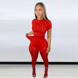 Summer Women's Elastic Ripped Round Neck Short Sleeve Top Tight Fitting Pants Set