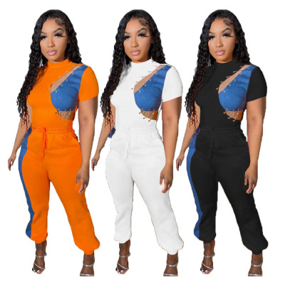 Women'S Fashion Casual Solid Patchwork Denim Short Sleeve Two-Piece Pants Set