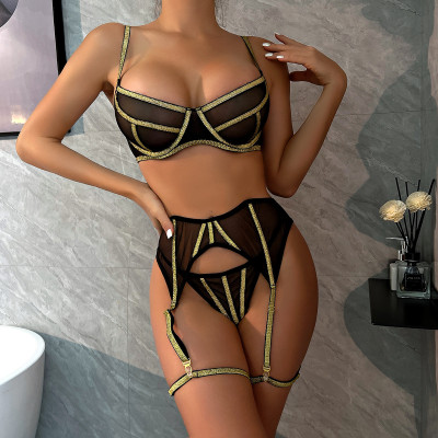 Sexy Lingerie Three-Piece Gold Silk Beautiful Line Mesh Patchwork Girls Bra And Panty Set Sexy Clothes