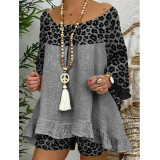 Spring Summer Women'S Leopard Print Patchwork Casual Fashion Long Sleeve Two Piece Shorts Set