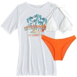 Fashion Casual Three-Piece Swimwear Printed Short Sleeve Long Shirt Two Pieces Bikini Swimsuit Women