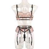 Sexy Three-Piece Pink Embroidered Style Camisole Bow Bikini Lingerie Bra And Panty Set