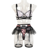 Sexy 4-Piece Lingerie Set Summer Sexy Leopard Print Patchwork Tutu Skirt Underwear Set Female