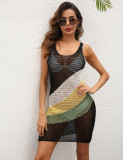 Women'S Dress Contrast Color Patchwork Hollow Kinitted Beach Bikini Cover-Up Sundress For Women