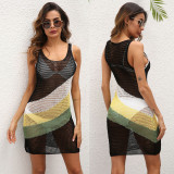 Women'S Dress Contrast Color Patchwork Hollow Kinitted Beach Bikini Cover-Up Sundress For Women