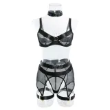 Sexy Lingerie Sexy Mesh Patchwork Halter Neck Gathered Comfortable Four-Piece Set