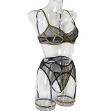 Sexy Lingerie Three-Piece Gold Silk Beautiful Line Mesh Patchwork Girls Bra And Panty Set Sexy Clothes