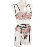 Sexy Three-Piece Pink Embroidered Style Camisole Bow Bikini Lingerie Bra And Panty Set