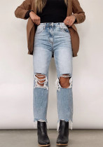 Women Vintage High Waist Ripped Straight Denim Pants