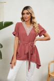 Women Solid Jacquard V-Neck Loose Tie Chiffon Top