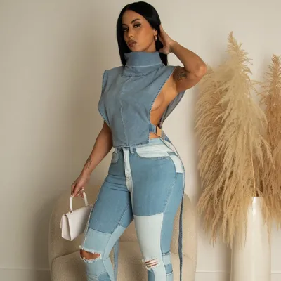 Women Fashion Turtleneck Sleeveless Denim Vest