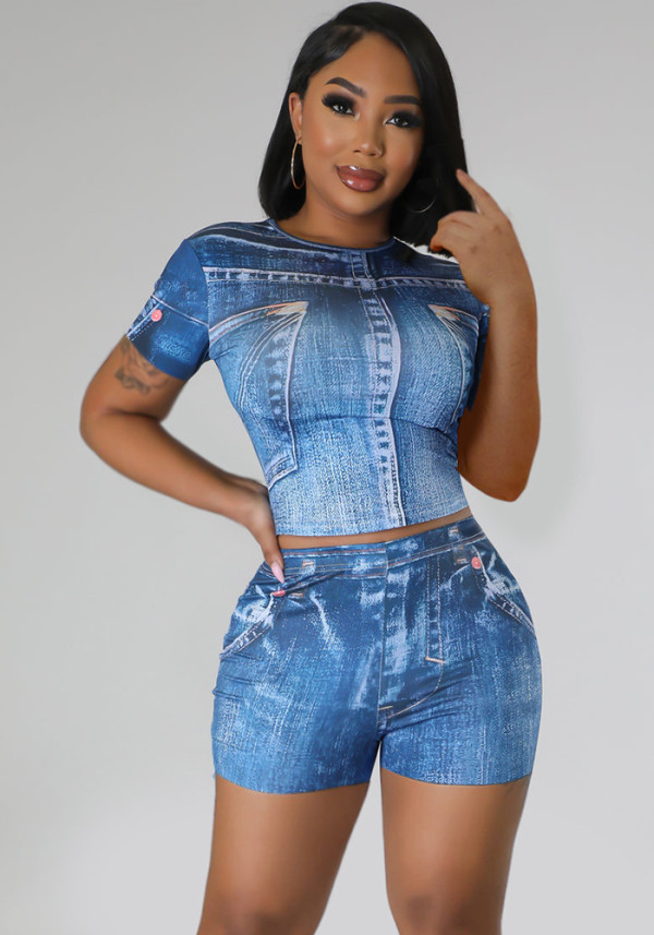 Women Denim Print Round Neck Short Sleeve Top And Shorts Fashion Two-Piece Set