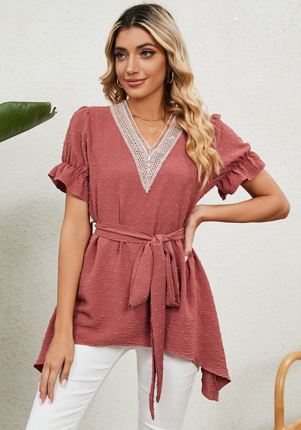 Women Solid Jacquard V-Neck Loose Tie Chiffon Top