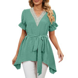 Women Solid Jacquard V-Neck Loose Tie Chiffon Top