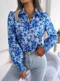 Women Casual Balloon Sleeve Contrasting Floral Turndown Collar Shirt