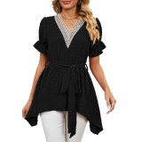 Women Solid Jacquard V-Neck Loose Tie Chiffon Top