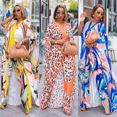 Digital printed chiffon cardigan loose Plus Size trousers two-piece suit African robe