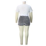 Striped Drawstring High Waist Shorts Sexy Fashion Casual Patchwork Plus Size Pants