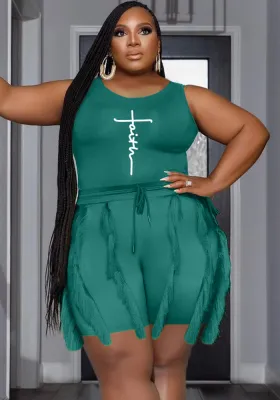 Women's Tassel Shorts Sleeveless Casual Set Sport Plus Size Two Piece