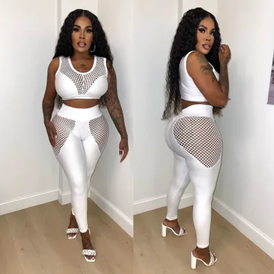 Hollow Mesh Hole See-Through Sexy Suit Mesh Patchwork Vest Trousers Two-piece Set