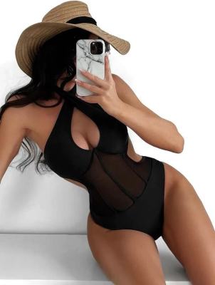 Sexy One-Piece Mesh Stitching Swimsuit Halter Solid Swimwear