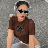 Women'S Spring Summer Letter Embroidered Mesh See-Through Crop Cropped T-Shirt Top
