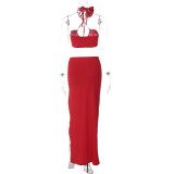 Spring And Summer Women'S Clothing Flower Decoration Tie Rope Wrapped Chest Top Sexy Slit Long Skirt Two Piece Set For Women