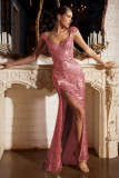 Spring Elegant Chic Pink Sequined Short Sleeve Slit Fromal Party Evening Dress