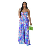 Fashion Ladies Summer Sexy Low Back Print Wide Leg Jumpsuit