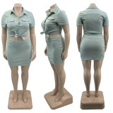 Plus Size Women'S Solid Button Cargo Double Pocket Short Sleeve Shirt Skirt Women'S Fashion Casual Two Piece Set