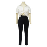 Fashion Women'S Shirt Trousers Suit With Belt Contrast Color Two Piece Set